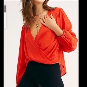 Free People Vibrant Orange Wrap Blouse